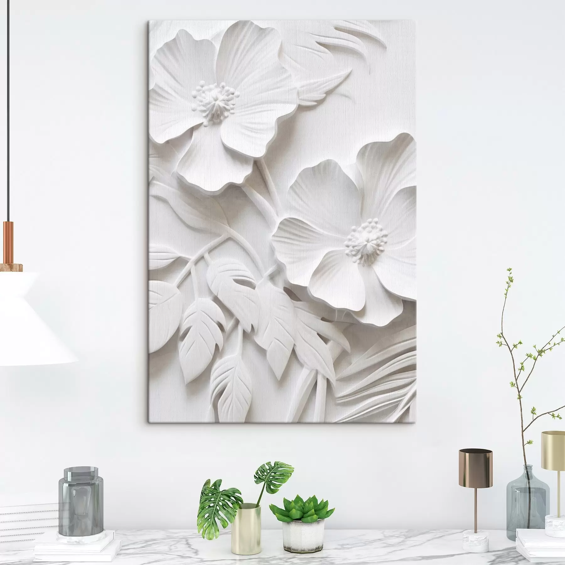 Tableau Fleurs blanches décoratives minimalistes avec feuilles, imitation relief, fond blanc s45179