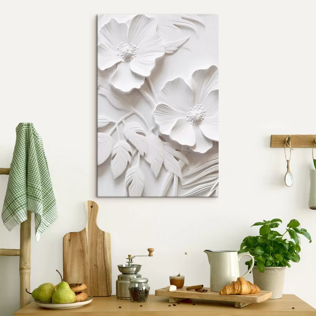 Tableau Fleurs blanches décoratives minimalistes avec feuilles, imitation relief, fond blanc s45179