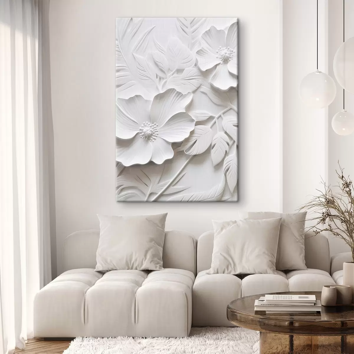 Tableau Fleurs blanches décoratives minimalistes avec feuilles, imitation relief, fond blanc s45180
