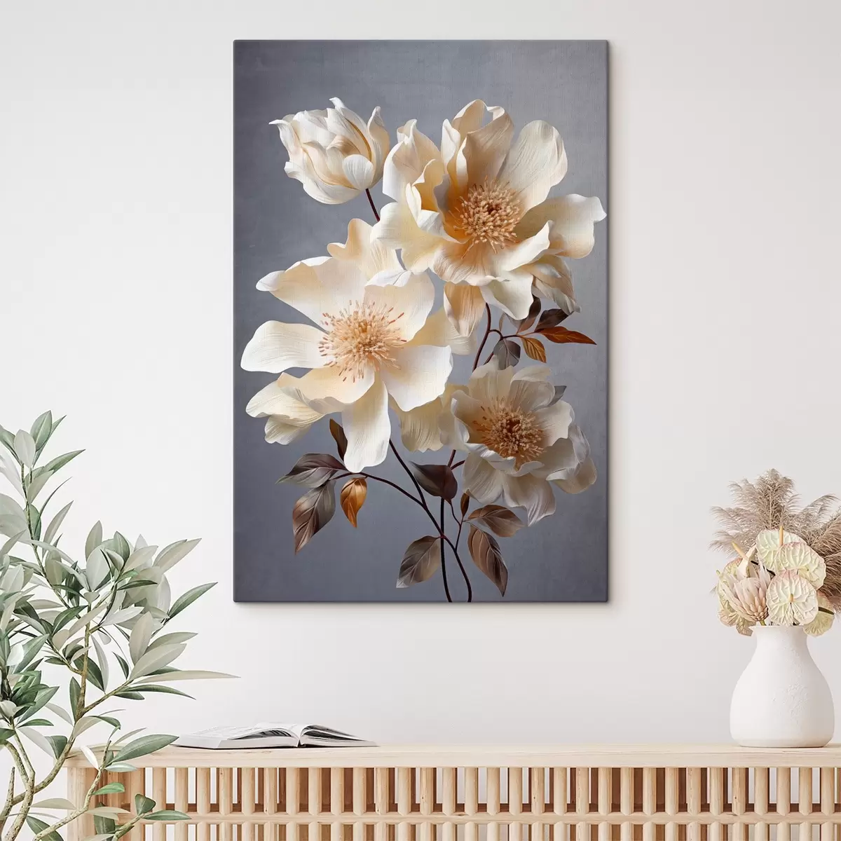 Tableau Fleurs texturées avec pistils orange et feuilles orange sur fond gris, lumière douce, élégant, détaillé, réaliste s45181