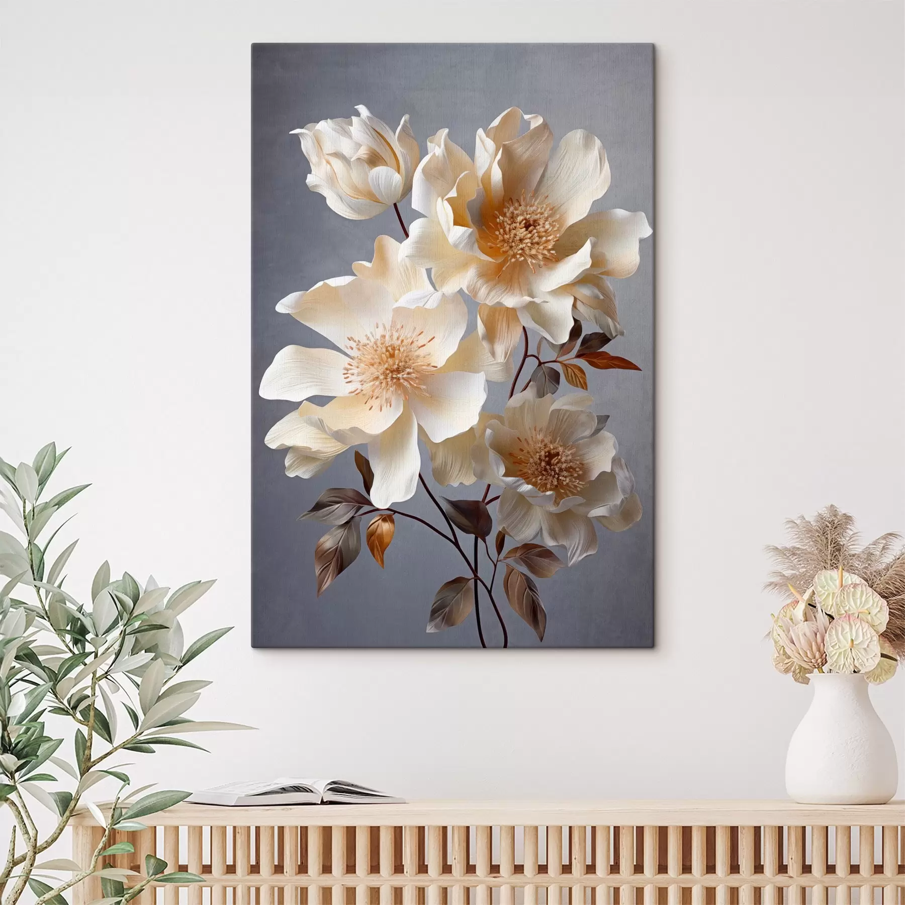 Tableau Fleurs texturées avec pistils orange et feuilles orange sur fond gris, lumière douce, élégant, détaillé, réaliste s45181