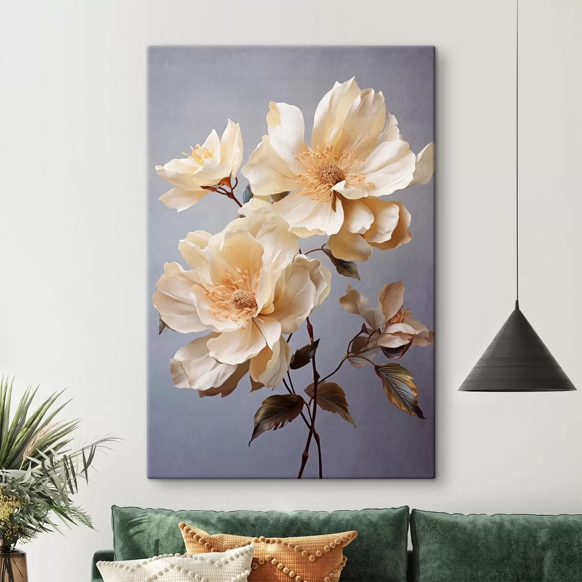 Tableau Fleurs texturées avec pistils orange et feuilles orange sur fond gris, lumière douce, élégant, détaillé, réaliste s45182