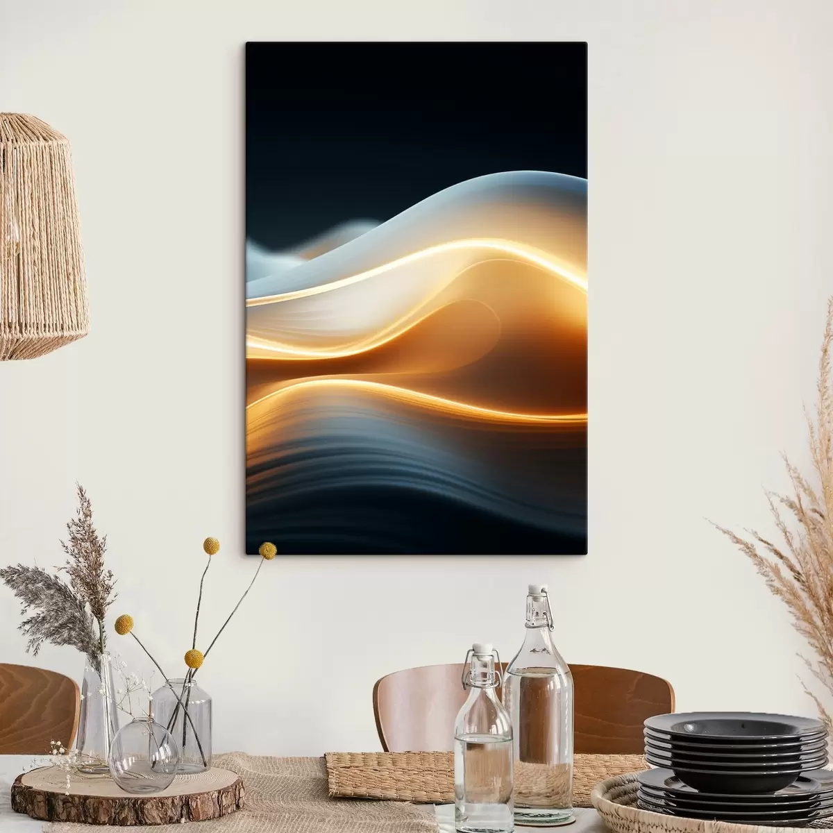 Tableau Formes abstraites et fluides avec des lignes orange, courbes et lignes douces, composition dynamique, fond sombre s45183