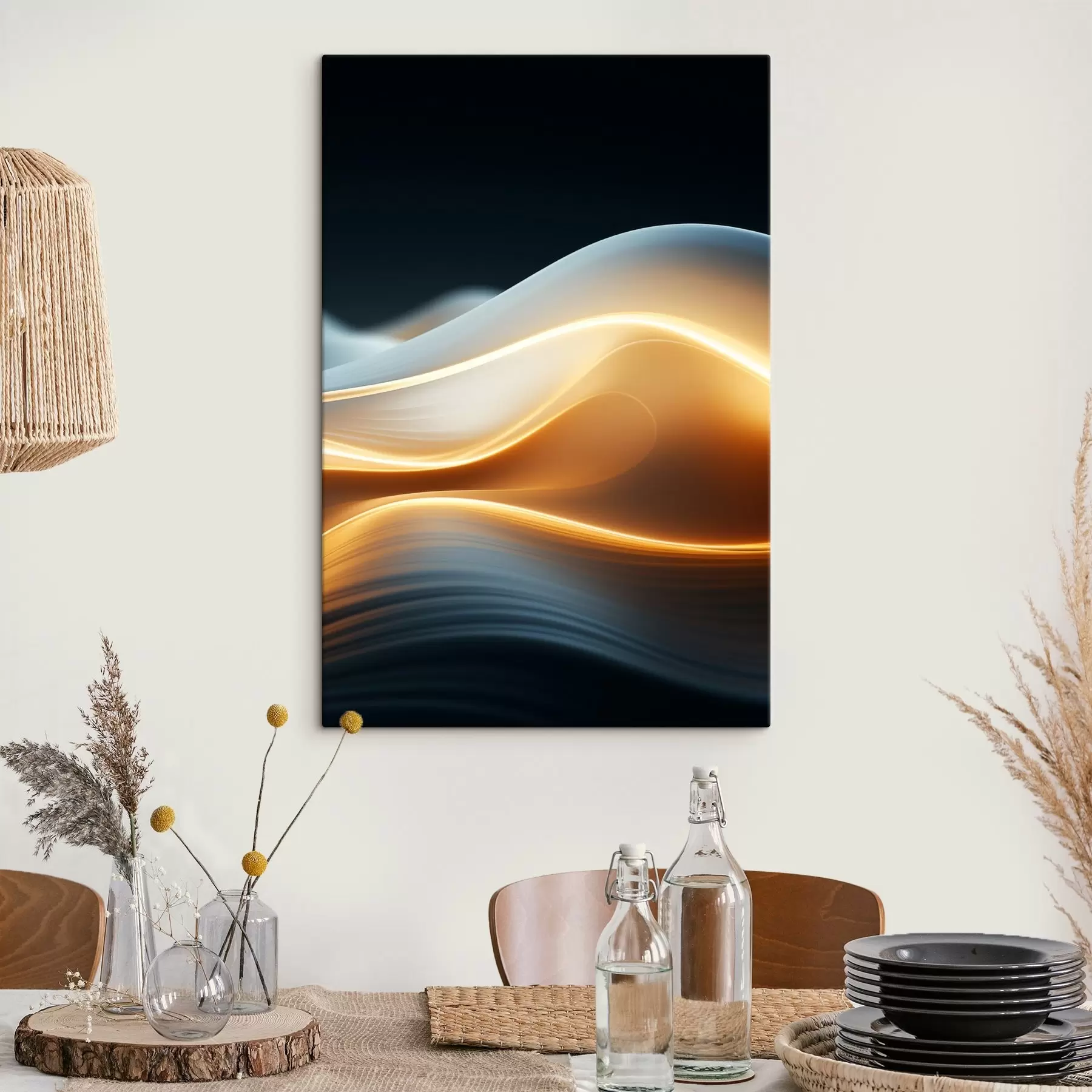Tableau Formes abstraites et fluides avec des lignes orange, courbes et lignes douces, composition dynamique, fond sombre s45183