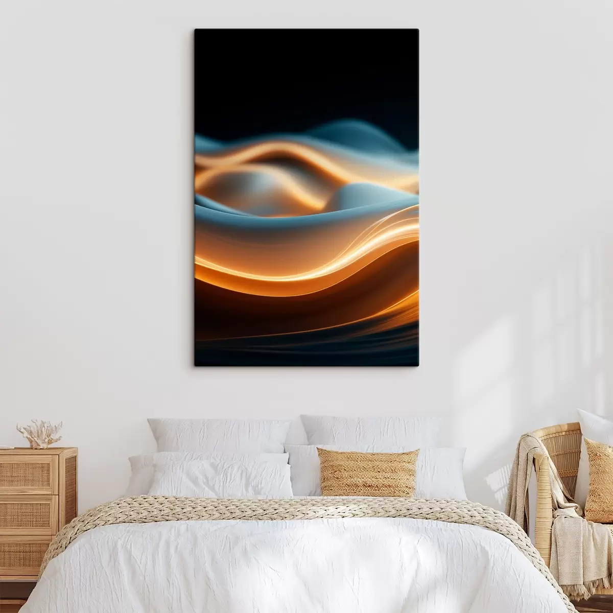 Tableau Formes abstraites et fluides avec des lignes orange, courbes et lignes douces, composition dynamique, fond sombre s45184
