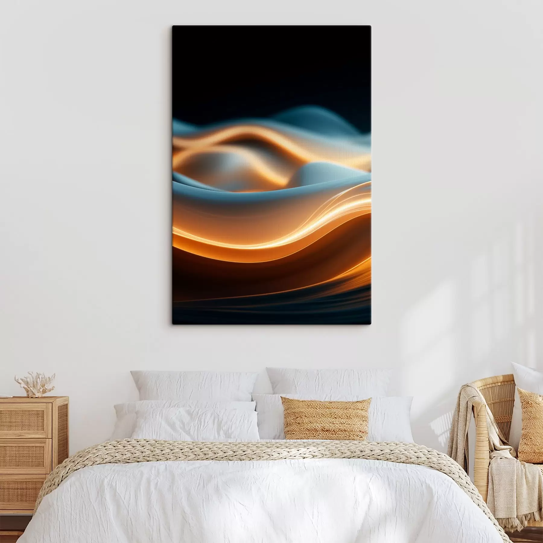 Tableau Formes abstraites et fluides avec des lignes orange, courbes et lignes douces, composition dynamique, fond sombre s45184