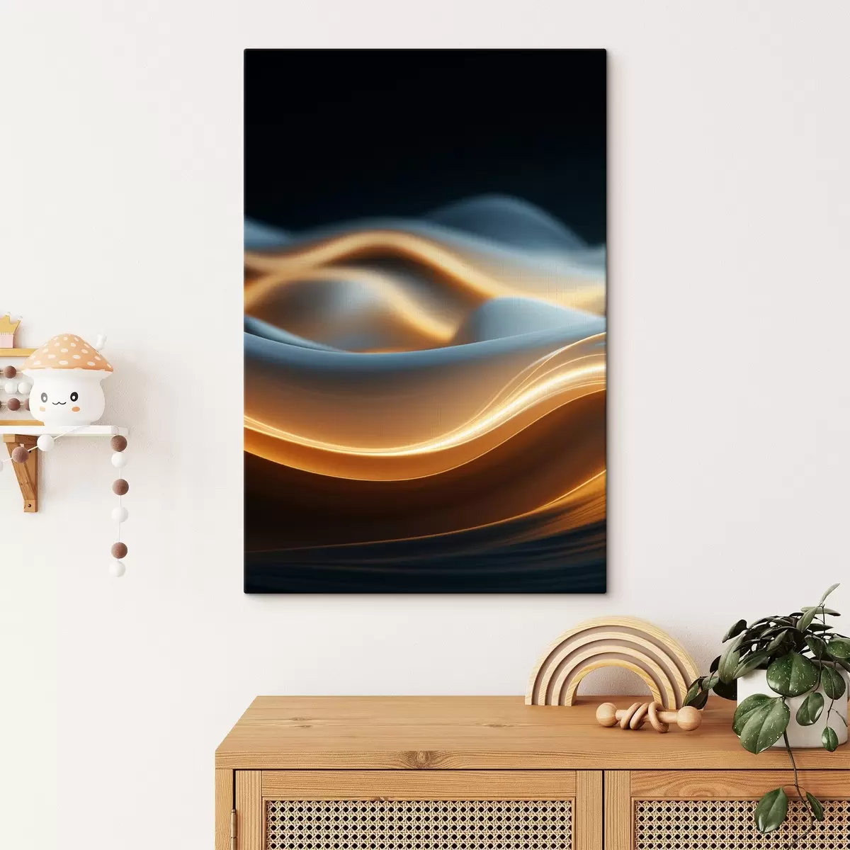 Tableau Formes abstraites et fluides avec des lignes orange, courbes et lignes douces, composition dynamique, fond sombre s45184