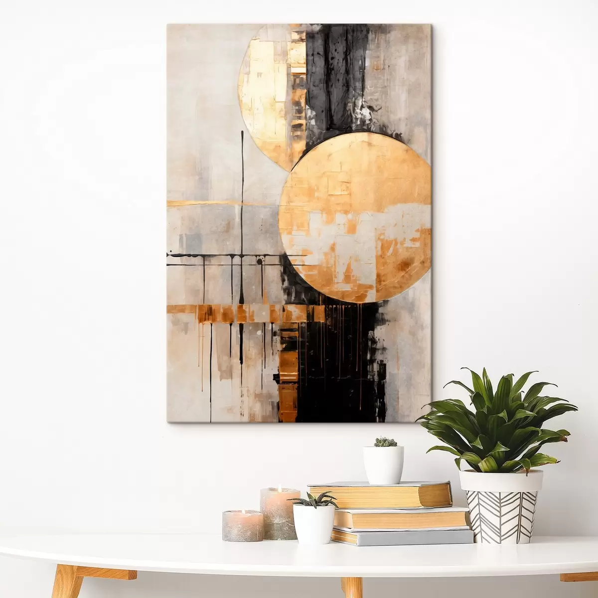 Tableau Peinture abstraite avec des cercles, des lignes noires et jaunes, et un arrière-plan dans les tons gris et blancs s45185