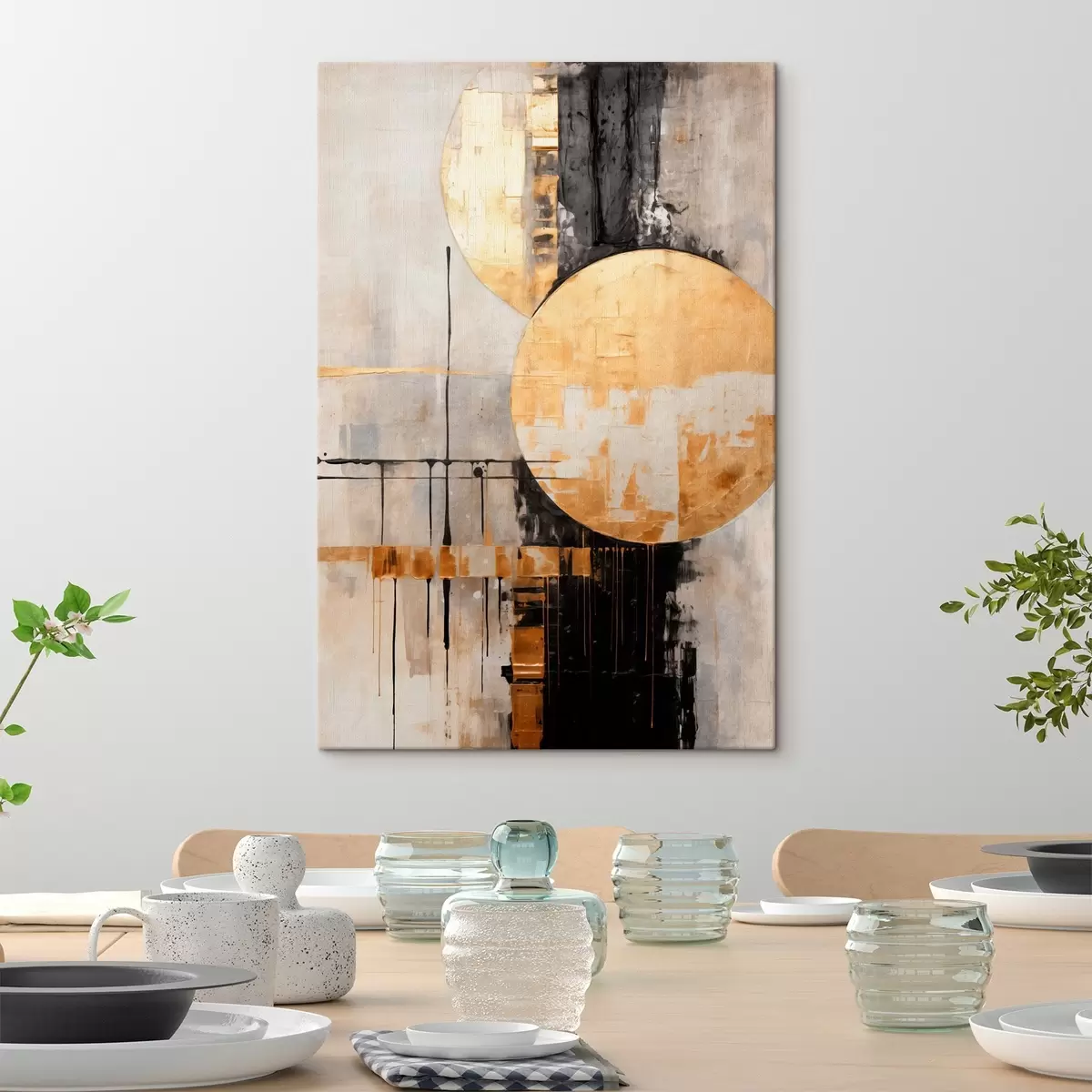 Tableau Peinture abstraite avec des cercles, des lignes noires et jaunes, et un arrière-plan dans les tons gris et blancs s45185