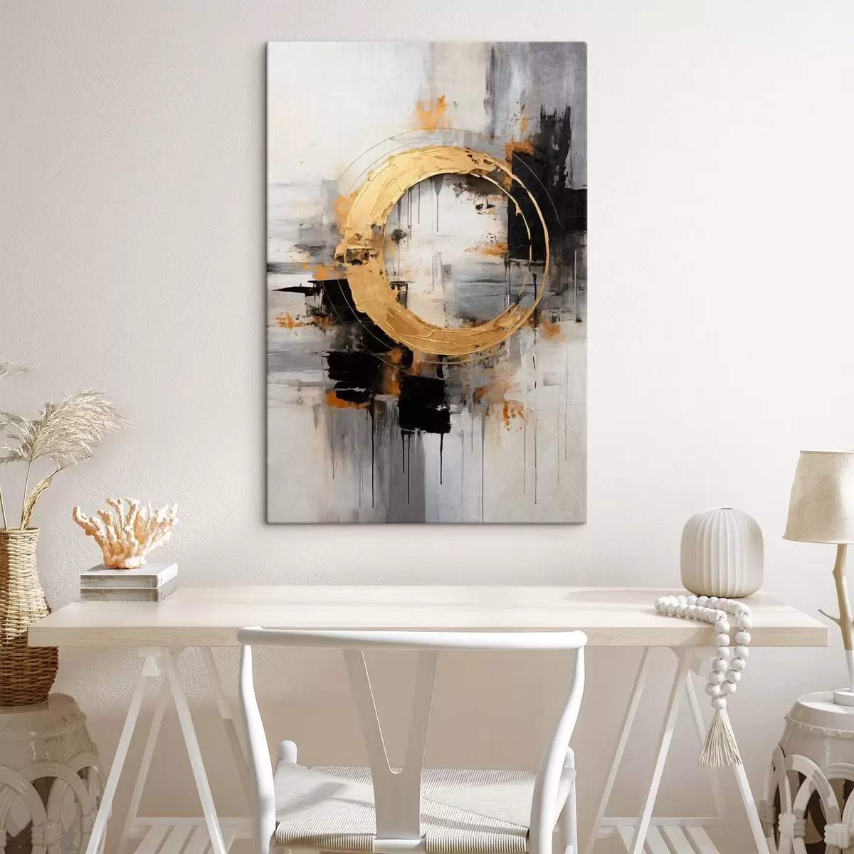 Tableau Peinture abstraite avec des cercles, des lignes noires et jaunes, et un arrière-plan dans les tons gris et blancs s45186