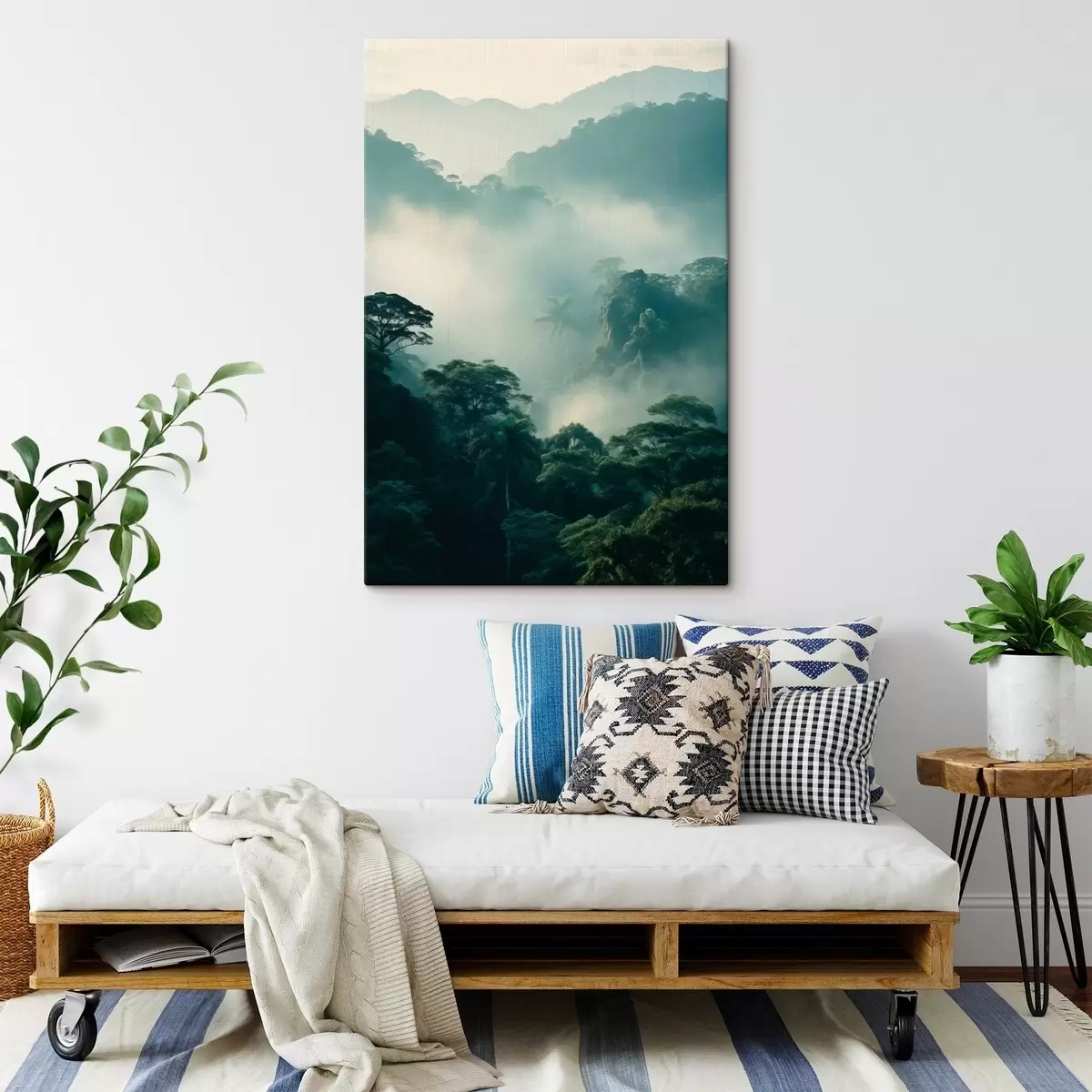 Tableau Forêt tropicale avec des arbres verdoyants et une épaisse couche de brume, créant un environnement atmosphérique s45189