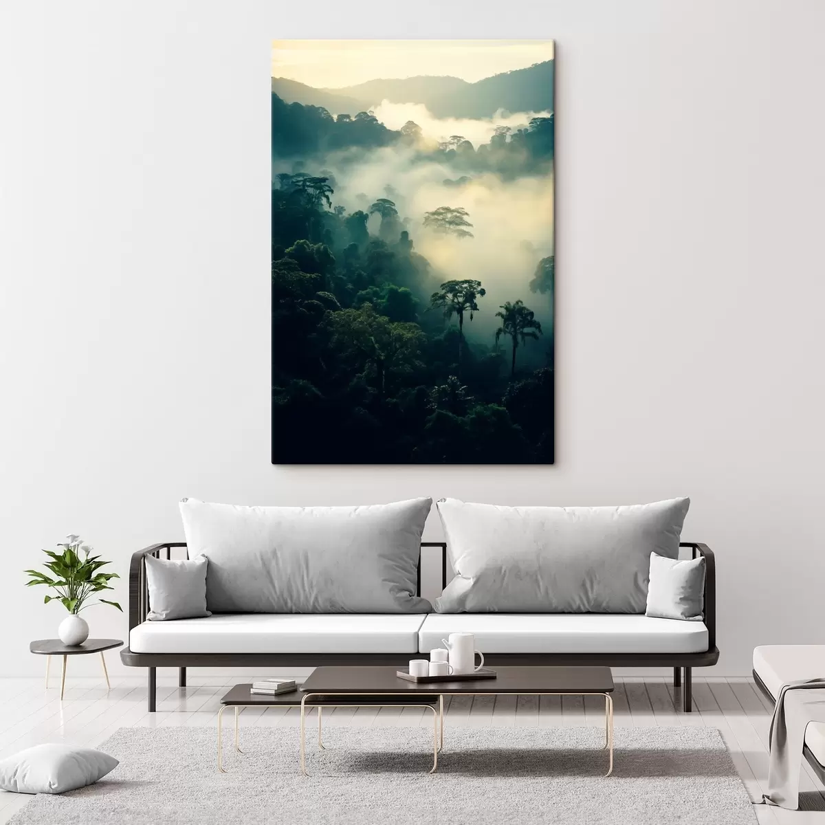 Tableau Forêt tropicale avec des arbres verdoyants et une épaisse couche de brume, créant un environnement atmosphérique s45190