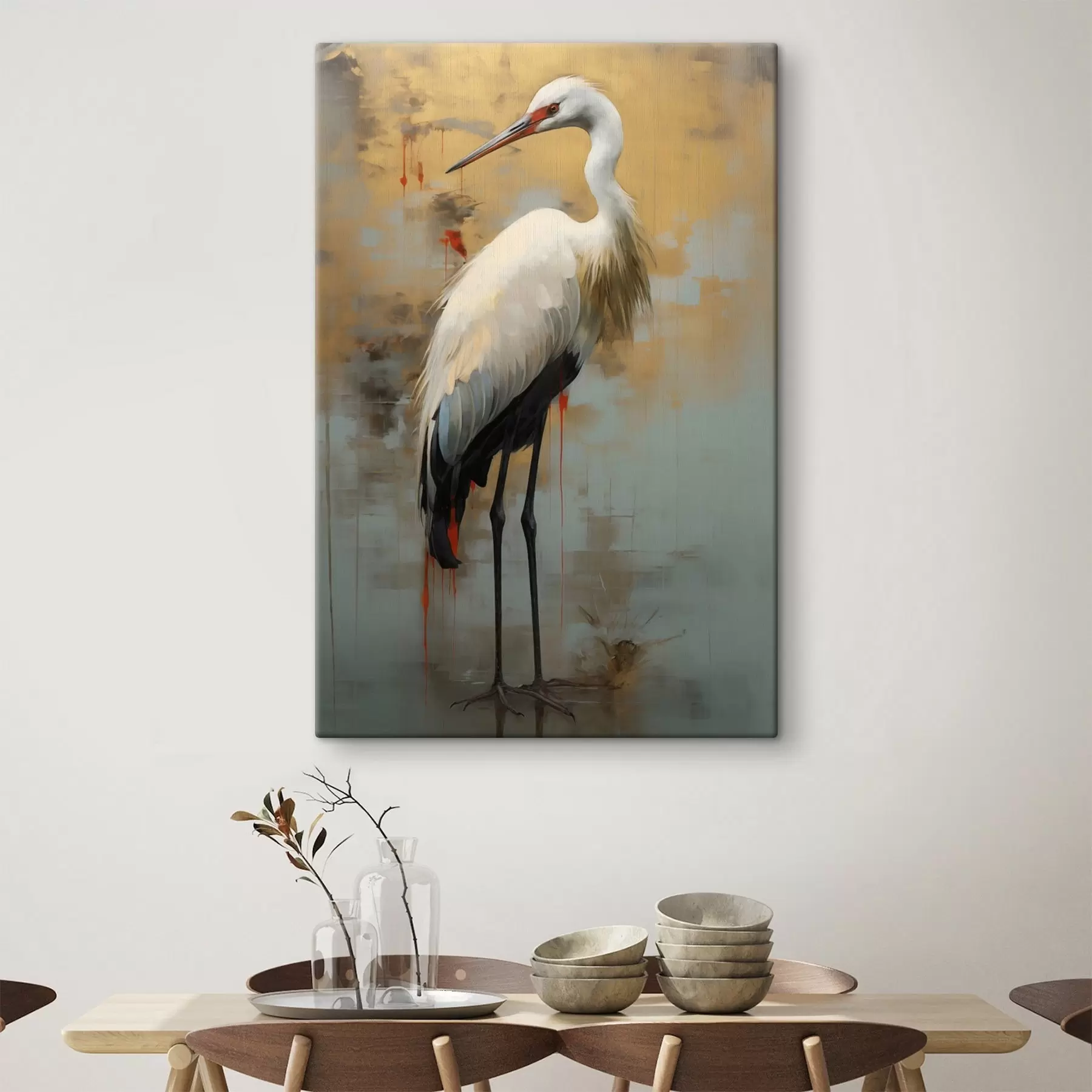 Tableau Héron blanc sur fond de teintes jaunes, brunes et bleues atténuées suggérant un paysage brumeux et abstrait s45191