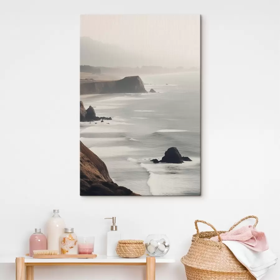 Tableau Falaises rocheuses et côte maritime, vagues s'écrasant sur le rivage, paysage à l'atmosphère lunatique, tons terreux s45194