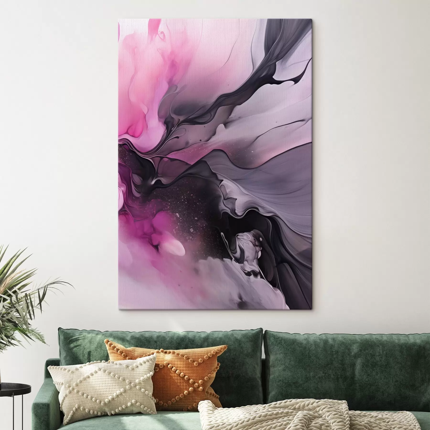 Tableau Des tourbillons abstraits de rose, de violet et de noir se fondent dans une composition fluide et organique, créant une impression de mouvement s45196