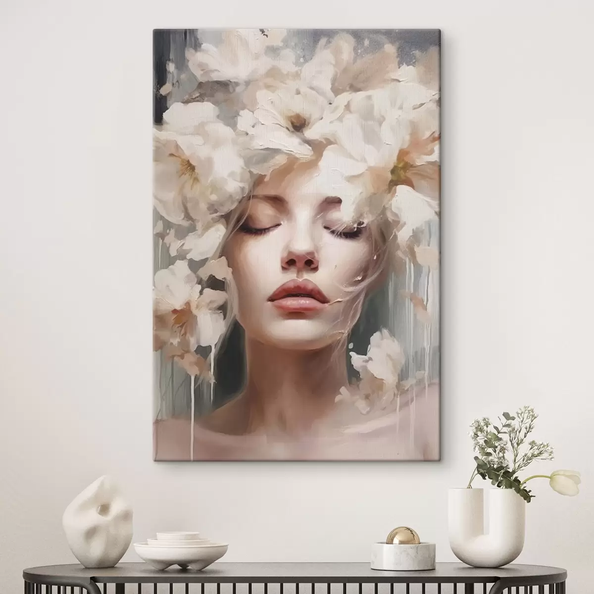 Tableau Portrait de femme avec des fleurs blanches s45218