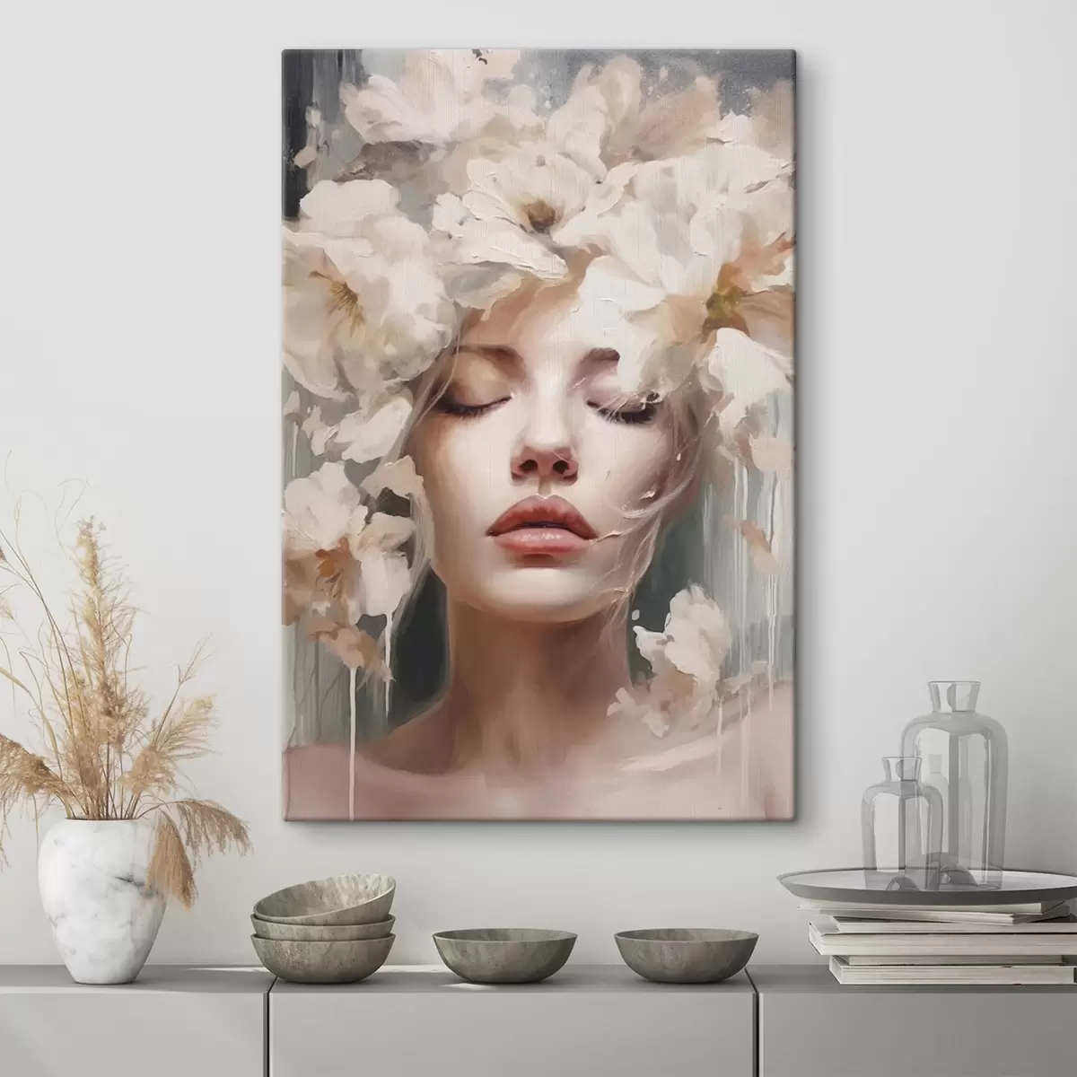Tableau Portrait de femme avec des fleurs blanches s45218