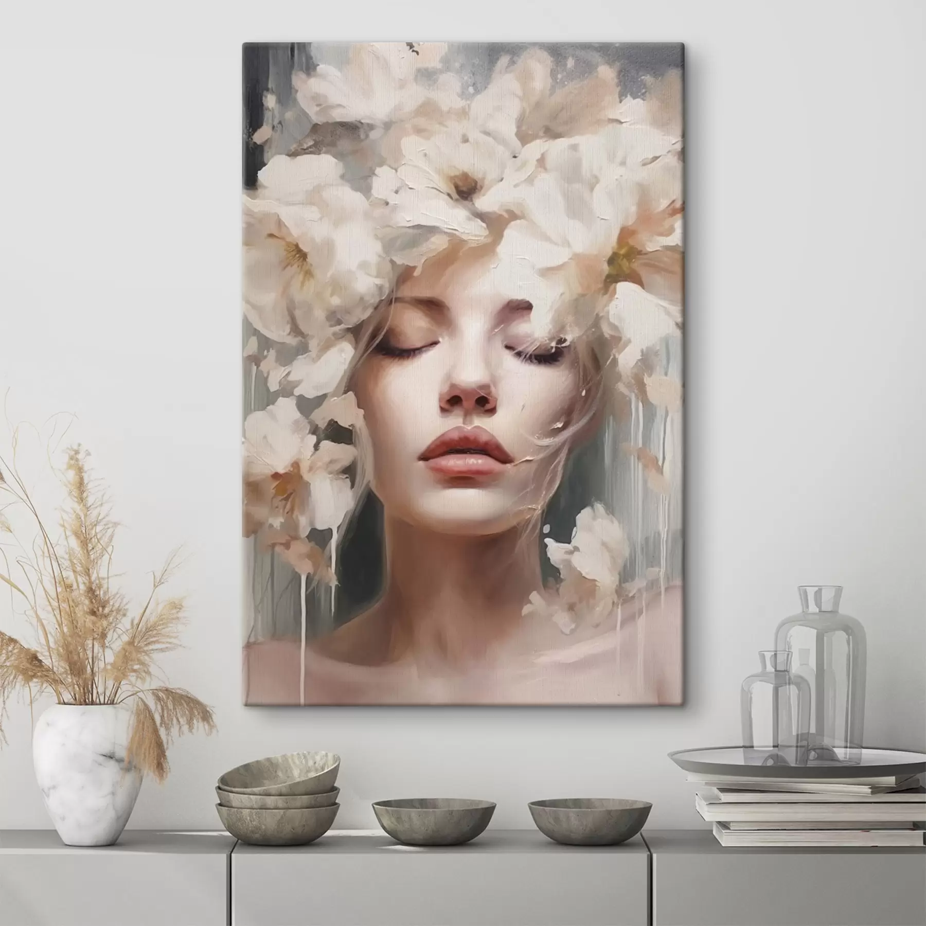 Tableau Portrait de femme avec des fleurs blanches s45218