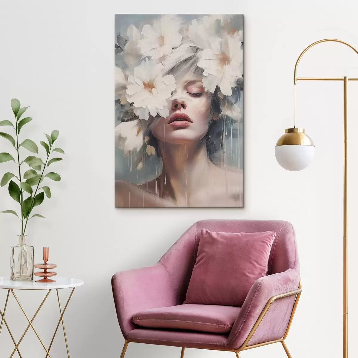 Tableau Portrait de femme avec des fleurs blanches s45219