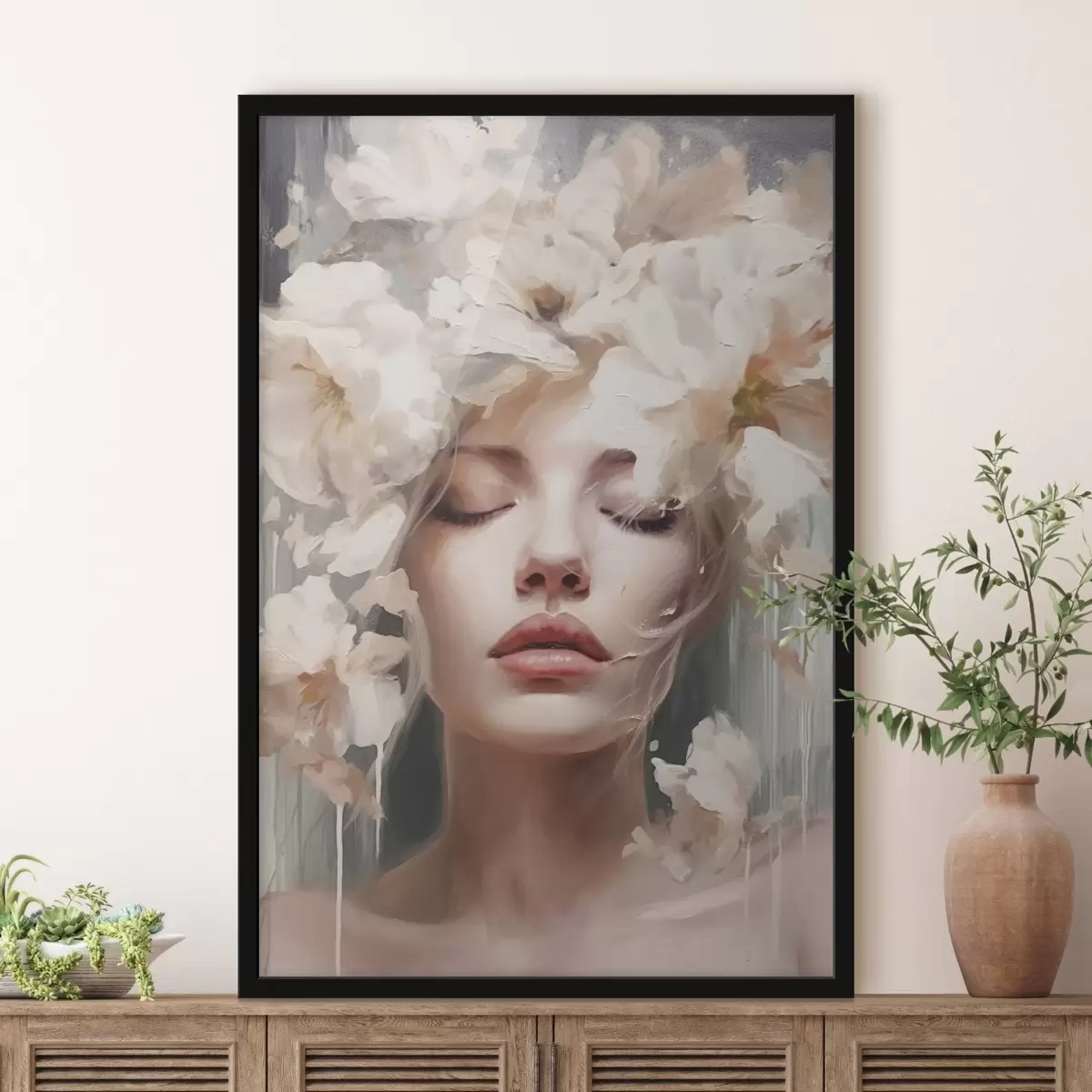Poster Portrait de femme avec des fleurs blanches f45218
