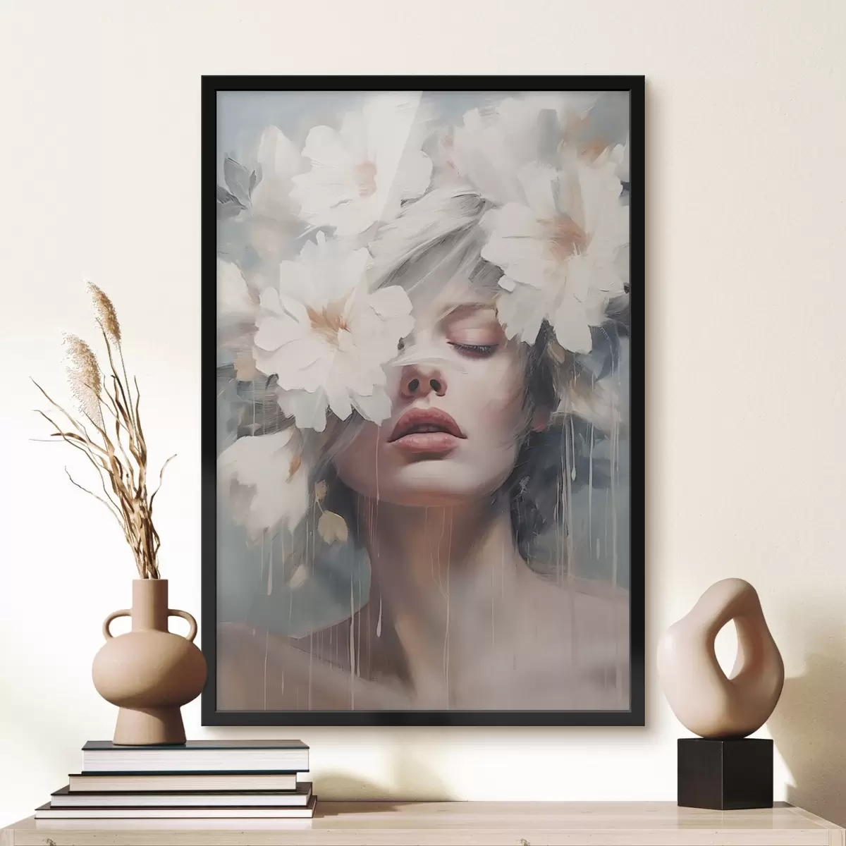 Poster Portrait de femme avec des fleurs blanches f45219