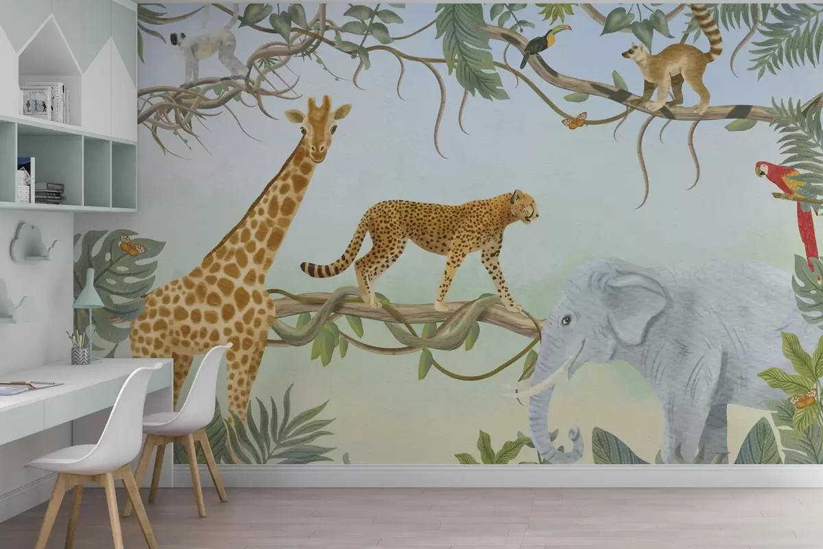 Papier peint Illustration de la jungle avec girafe, guépard et éléphant w04194