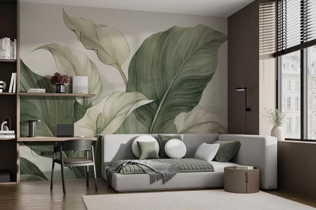 Papier peint Gros plan d'un spathiphyllum en fleurs avec de grandes feuilles w04263