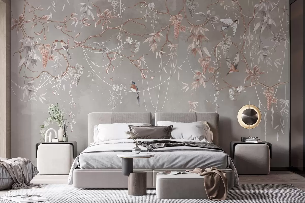 Papier peint Branches avec raisins et oiseaux sur fond gris-rose chaud w04302