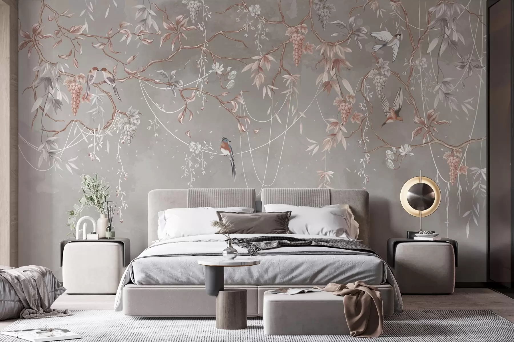 Papier peint Branches avec raisins et oiseaux sur fond gris-rose chaud w04302