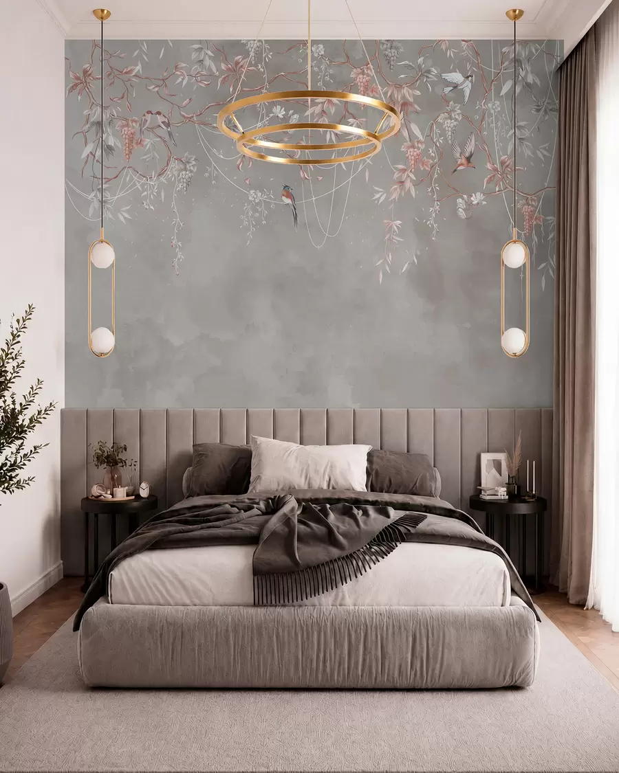 Papier peint Branches avec raisins et oiseaux sur fond gris-rose chaud w04302