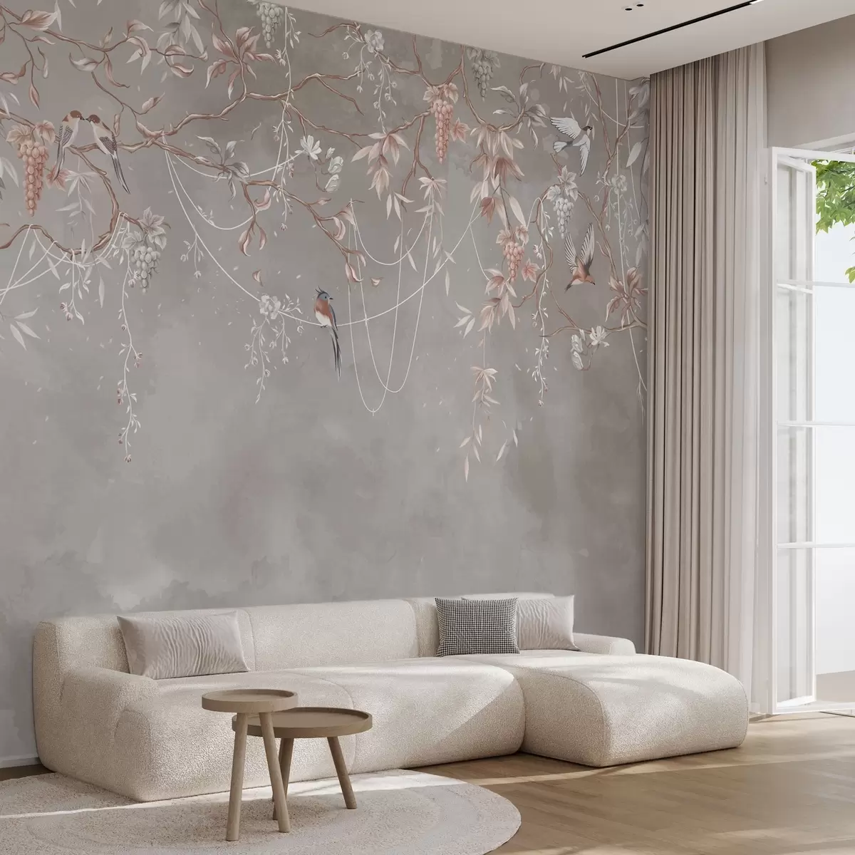 Papier peint Branches avec raisins et oiseaux sur fond gris-rose chaud w04302