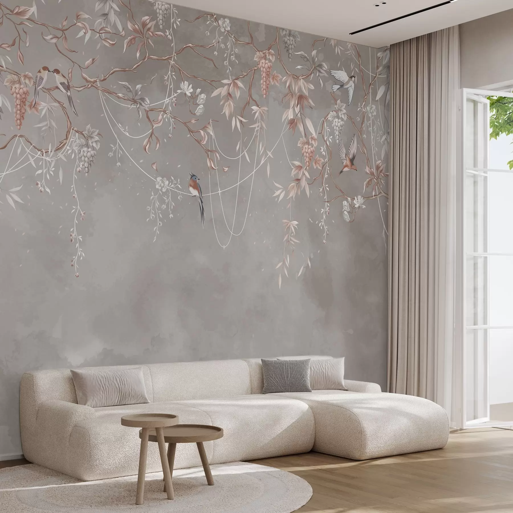 Papier peint Branches avec raisins et oiseaux sur fond gris-rose chaud w04302