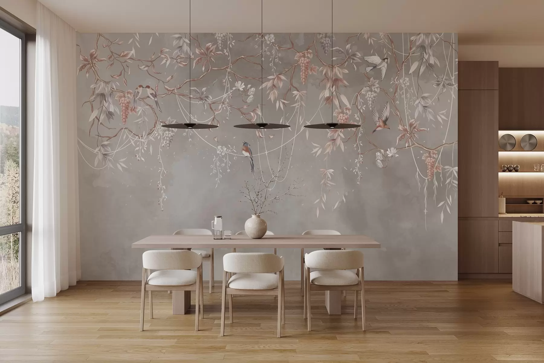 Papier peint Branches avec raisins et oiseaux sur fond gris-rose chaud w04302