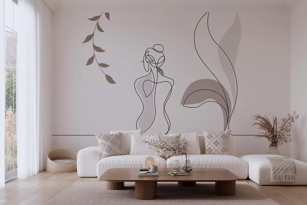 Papier peint silhouette linéaire d'une femme et de feuilles w04303