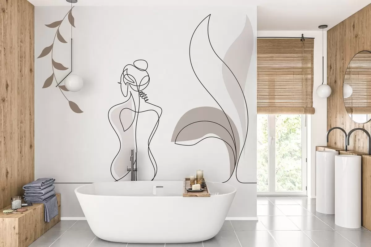 Papier peint silhouette linéaire d'une femme et de feuilles w04303