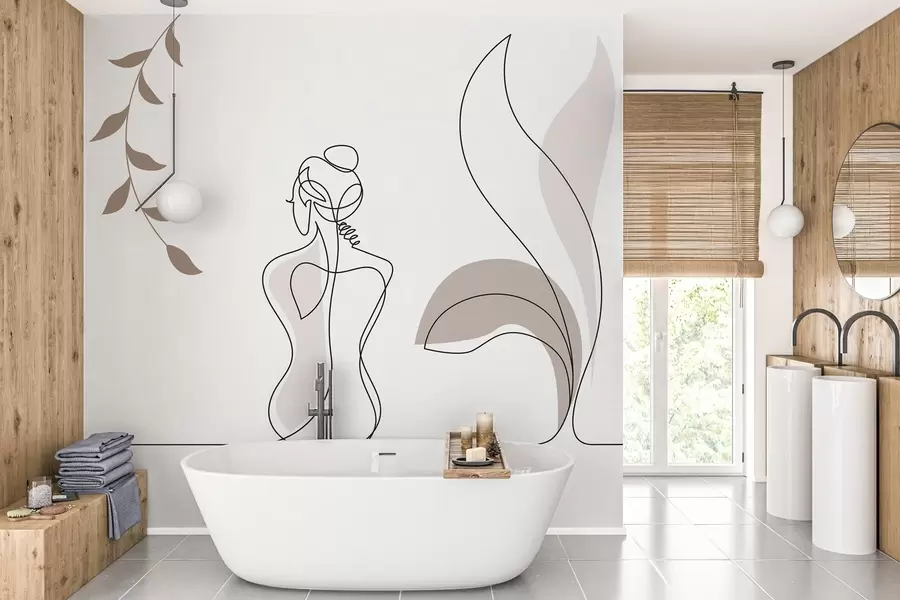 Papier peint silhouette linéaire d'une femme et de feuilles w04303