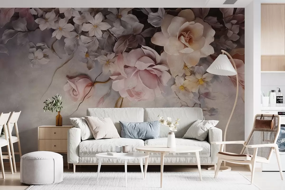 Papier peint Grandes fleurs suspendues au mur sur fond de béton w09184