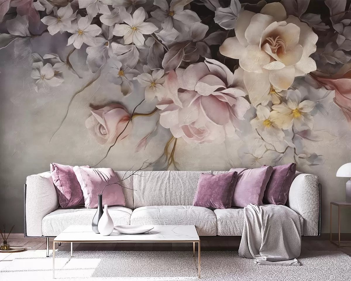 Papier peint Grandes fleurs suspendues au mur sur fond de béton w09184