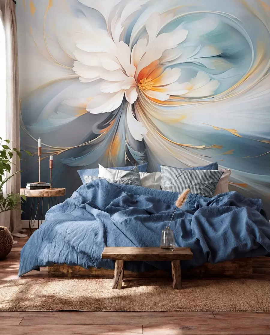 Papier peint Fleur abstraite dans des tons doux de bleu et d'orange w09270