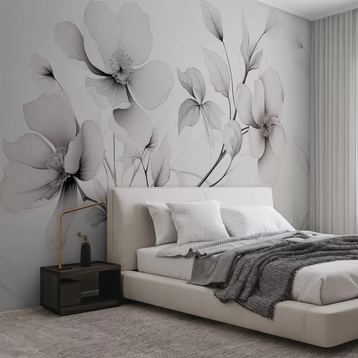 Papier peint Fleurs noires et blanches aux lignes élégantes sur fond gris w09271