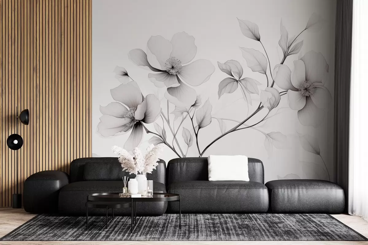 Papier peint Fleurs noires et blanches aux lignes élégantes sur fond gris w09271