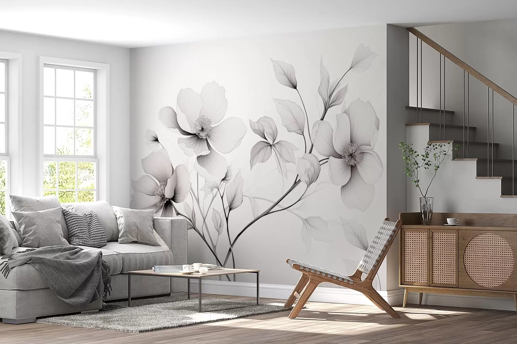 Papier peint Fleurs noires et blanches aux lignes élégantes sur fond gris w09271