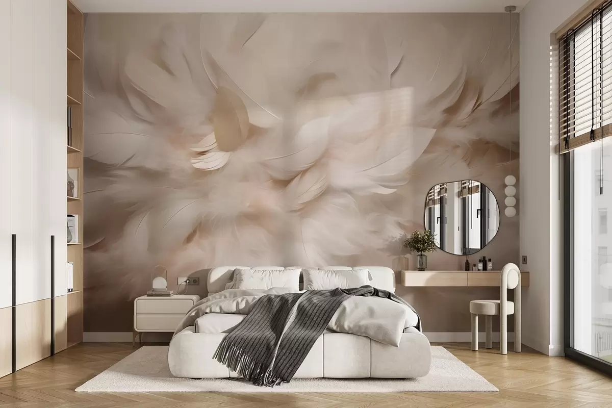 Papier peint Plumes duveteuses et duvet dans des tons crémeux w09274