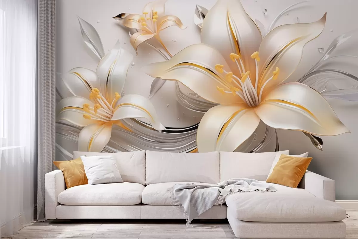 Papier peint Lys jaunes avec effet 3D sur fond clair w09278