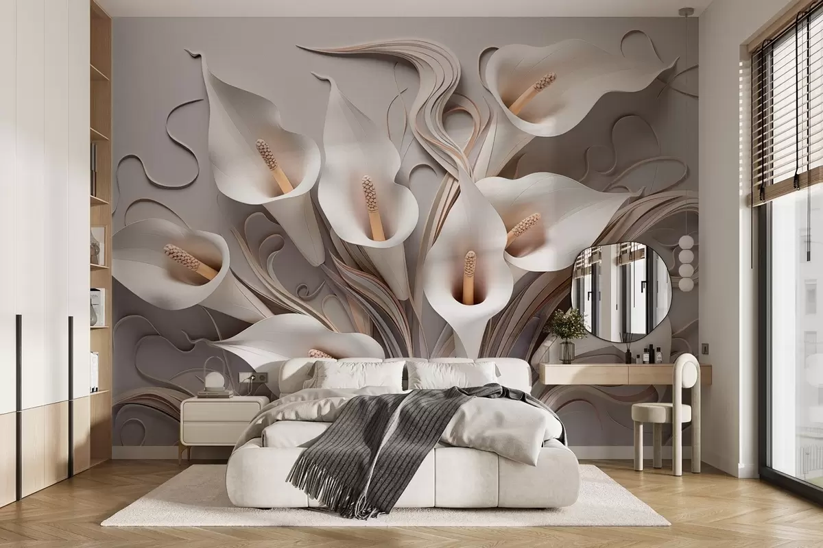 Papier peint Lys calla volumineux dans des tons crémeux avec effet 3D w09281