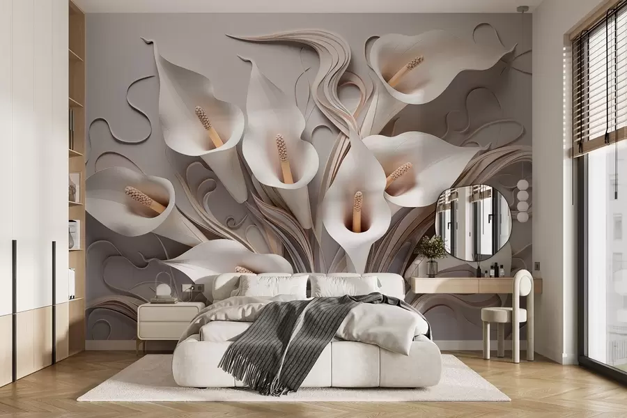 Papier peint Lys calla volumineux dans des tons crémeux avec effet 3D w09281