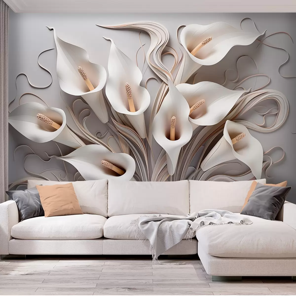 Papier peint Lys calla volumineux dans des tons crémeux avec effet 3D w09281