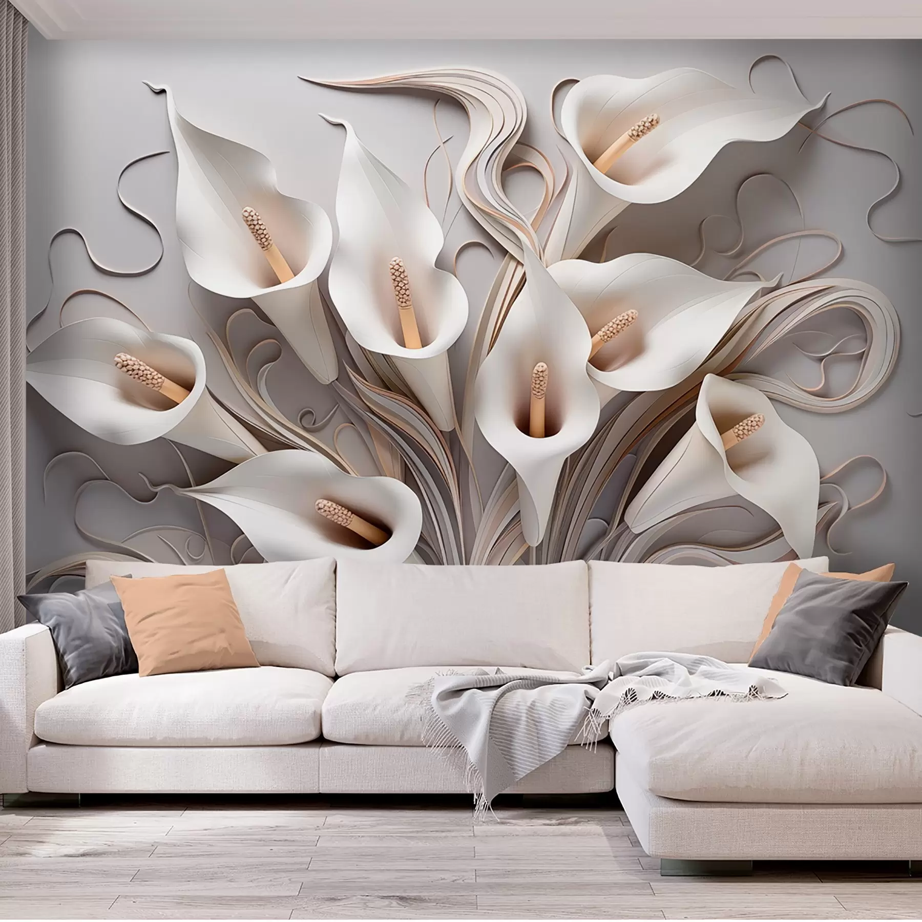 Papier peint Lys calla volumineux dans des tons crémeux avec effet 3D w09281