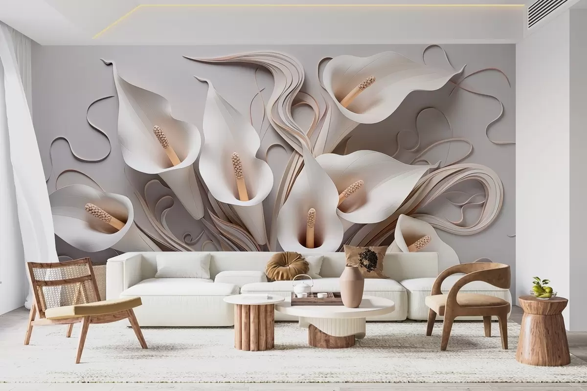 Papier peint Lys calla volumineux dans des tons crémeux avec effet 3D w09281