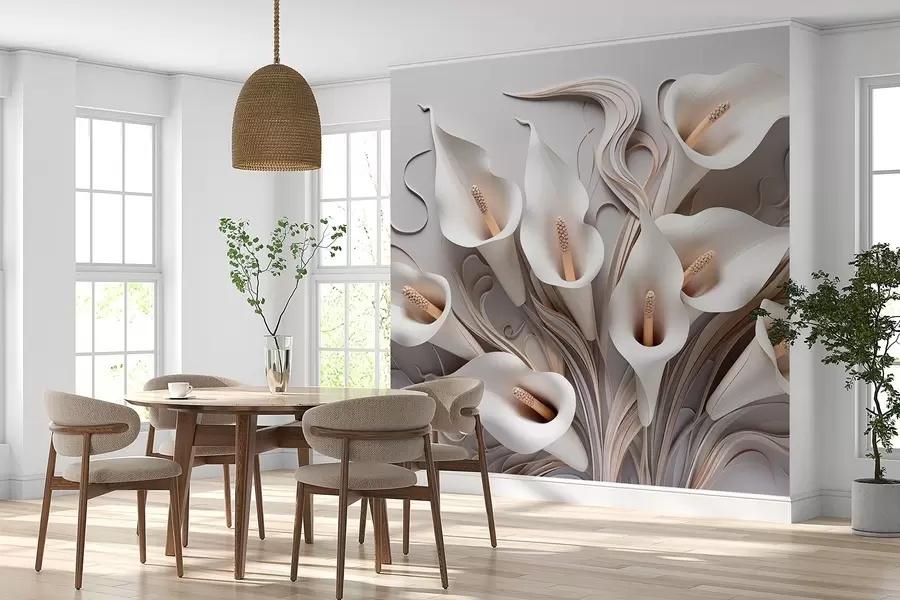 Papier peint Lys calla volumineux dans des tons crémeux avec effet 3D w09281
